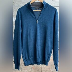 Saks Fifth Avenue 1/4-Zip Sweater XL – 100% Merino Wool, Made in Italy, Blue